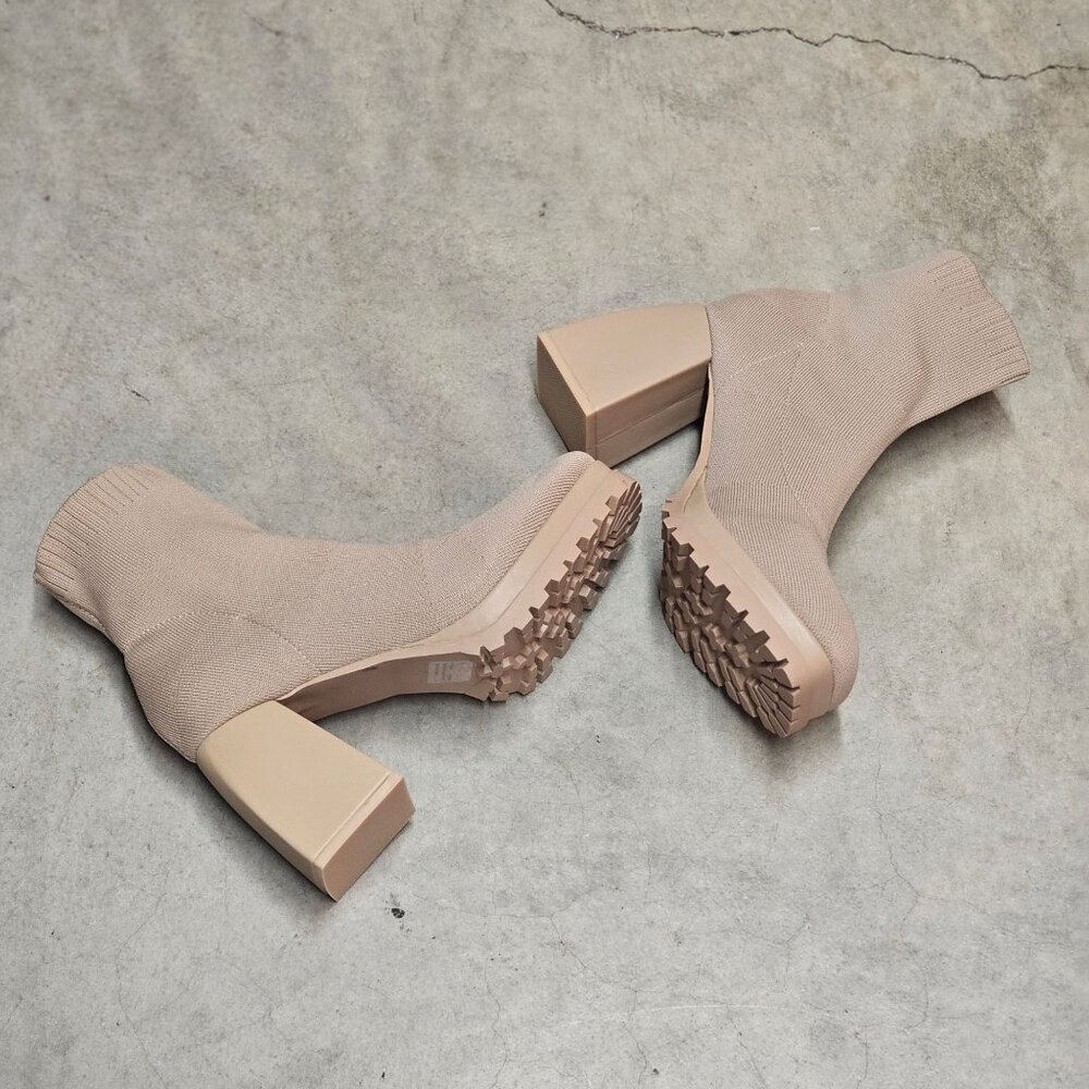 Chunky Heel Ankle Boots With Sock Knit Upper & Lug Sole In Nude - Picture 6 of 7